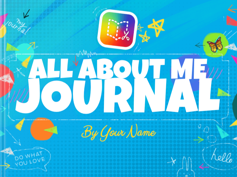 Colorful cover of 'All About Me Journal' designed in Book Creator. The cover features playful graphics and icons, representing personal journaling and creative expression.